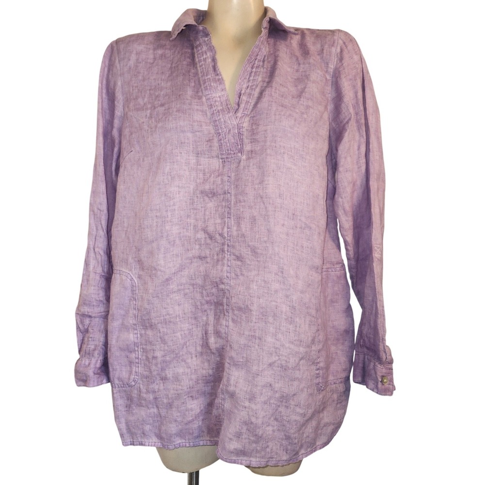 J. Jill Love Linen Purple Button Down Shirt Tunic Pockets Medium Lavender